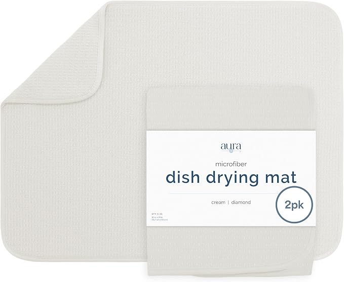S&T INC. Dish Drying Mat, 2 Pack, 18" x 24", XL, Cream | Absorbent Microfiber, 2PK Extra Large Kitchen Counter Mat for Dishes, Utensils, Pots and Pans, Machine Washable