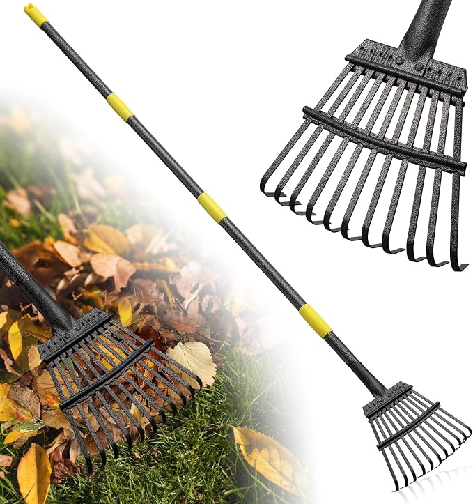 Rake for Leaves: Small Metal Garden Rake, 8.5" Wide, 11 Metal Tines,Heavy Duty Lightweight Kids Leaf Rakes for Small Lawn Yard Shrub,Tight Spot Garden Bed Leaf Debris Picking Cleaning, 60” Long Handle