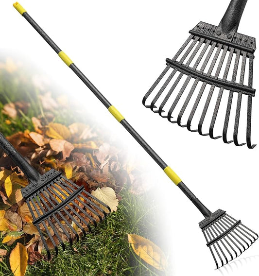 Rake for Leaves: Small Metal Garden Rake, 8.5" Wide, 11 Metal Tines,Heavy Duty Lightweight Kids Leaf Rakes for Small Lawn Yard Shrub,Tight Spot Garden Bed Leaf Debris Picking Cleaning, 60” Long Handle