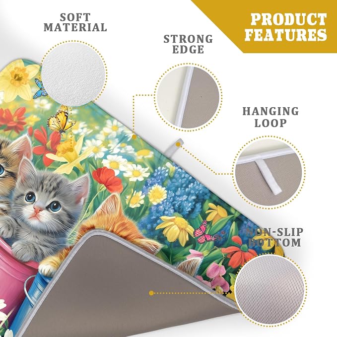 Lovely Cat Drying Mat for Kitchen Counter Colorful Flower Absorbent Coffee Bar Mat 18 X 24