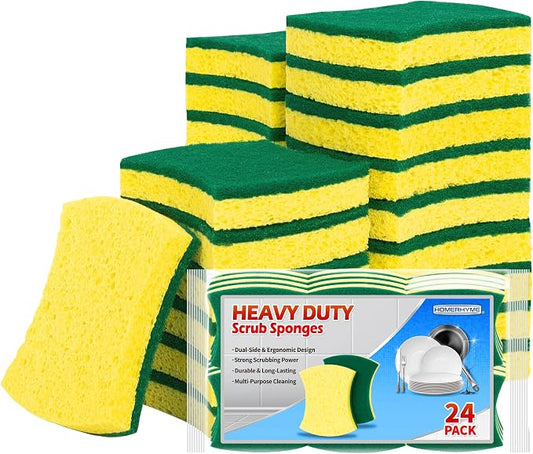 Heavy Duty Scrub Sponge 24 Pack, Eco Cellulose Kitchen Dish Sponge Multipurpose Ergonomic for Washing Dishes, Uncoated Cookware & Household Cleaning.