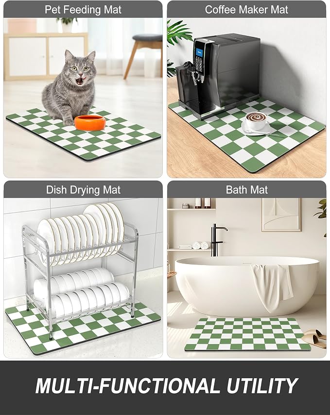 Rnivvi Dish Drying Mat for Kitchen Counter, XL 15 x 24" Cute Checkered Absorbent Draining Pad, Non-Slip Heat Resistant Coffee Bar Mat for Coffee Machine Station Accessories, Green White Dish Rack Pad
