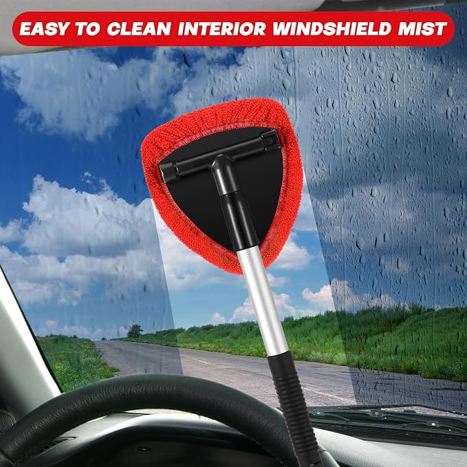 Potchen 8 Pcs Car Windshield Cleaner Tool Kit with Extendable Handle, Microfiber Towel Pads, Brush, Empty Spray Bottle for Auto Glass Wiper Suvs Rvs & Home Windows(Red)