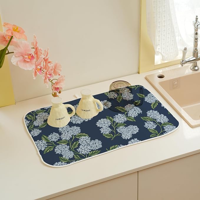 Spring Dish Drying Mat 18x24 Inches For Kitchen Counter Absorbent Blue Hydrangea Floral Kitchen Decoration Summer Flower Drying Mat Pad For Home Kitchen,Dining Room,Office Decor