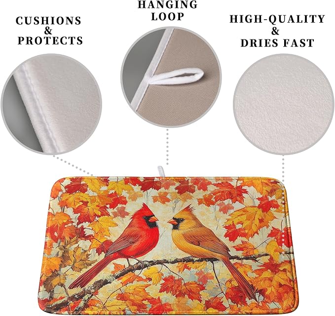 Fall Dish Drying Mats for Kitchen Counter Maple Leaf Cardinal Birds Dish Draining Mat 18x24 Inch Autumn Thanksgiving Dish Rack Mat Microfiber Absorbent Dish Drainer Pad
