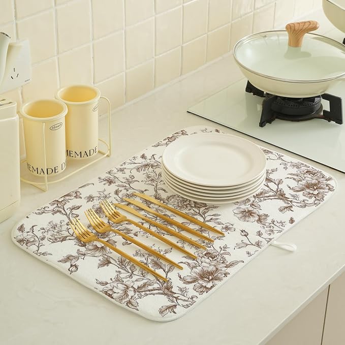 Brown Floral Dish Drying Mats 18x24 Inch Brown Chinoiserie Flower Holiday Kitchen Decor Absorbent Drying Pad Rack Drainer Mats for Kitchen Dining Room Counter