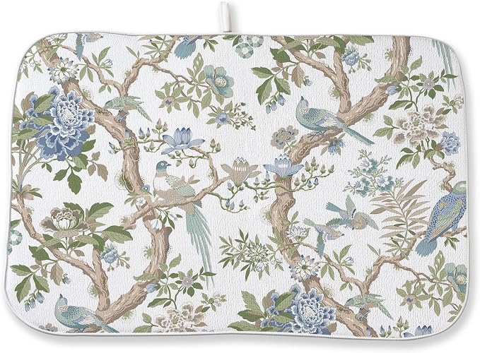 Blue Green Dish Drying Mat 18x24 Inch Chinoiserie Vintage Floral Bird Drying Mat Spring Summer Flower Seasonal Absorbent Dish Drying Pad Dish Rack Drainer Mats for Kitchen Dining Counter