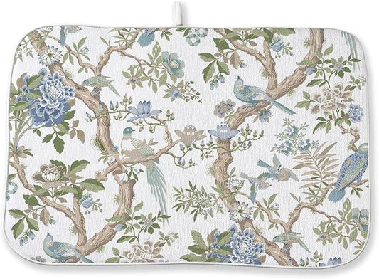 Blue Green Dish Drying Mat 18x24 Inch Chinoiserie Vintage Floral Bird Drying Mat Spring Summer Flower Seasonal Absorbent Dish Drying Pad Dish Rack Drainer Mats for Kitchen Dining Counter