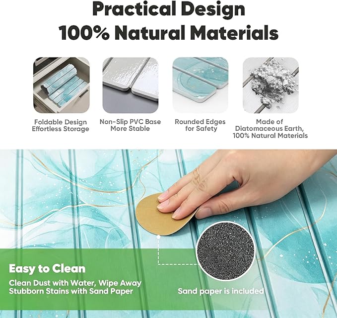 Stone Drying Mat for Kitchen Counter, Quick Diatomaceous Earth Mats for Dishes, 24"L x 16" W Super Absorbent Fast-Drying Collapsible Countertop Stone Mat (Marble White Green-01, 24" x 16")