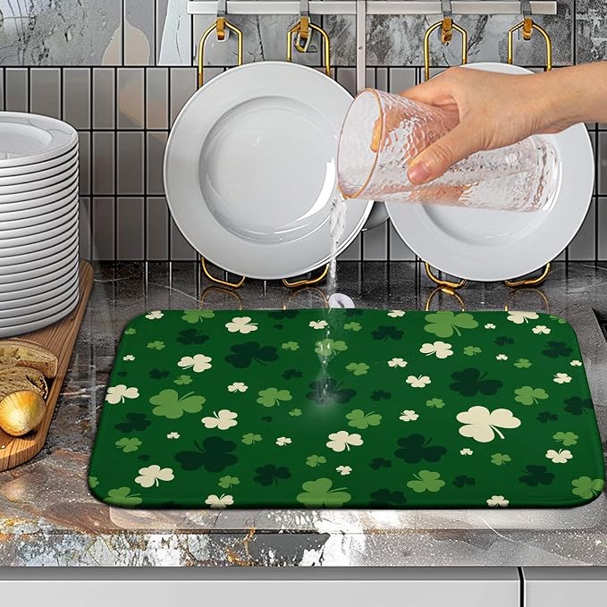 St.Patrick's Day Dish Drying Mat for Kitchen Counter Green Shamrock Drying Mats Spring Lucky Clovers Draining Pad Microfiber Absorben Dish Drainer Rack Mat Reusable Washable Dry Mat 16x18 Inch