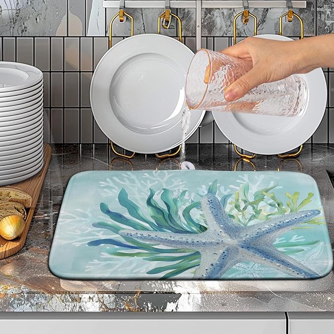 Summer Coastal Dish Drying Mat for Kitchen Counter Nautical Beach Starfish Coral Dish Drying Pad Ocean Teal Blue Dish Mat Absorbent Microfiber Dishes Drainer Mats 16"x18"