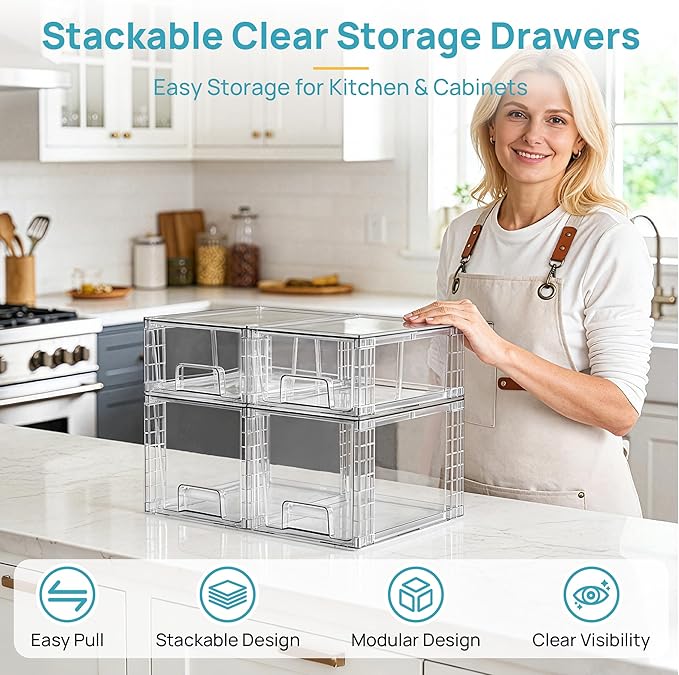 Vtopmart 4 Pack Clear Stackable Storage Drawers,Under Sink and Kitchen Organizers Storage,Easy to Assemble Plastic Drawers for Baby Bottle,Medicine, Bathroom,Cabinet and Pantry Organization