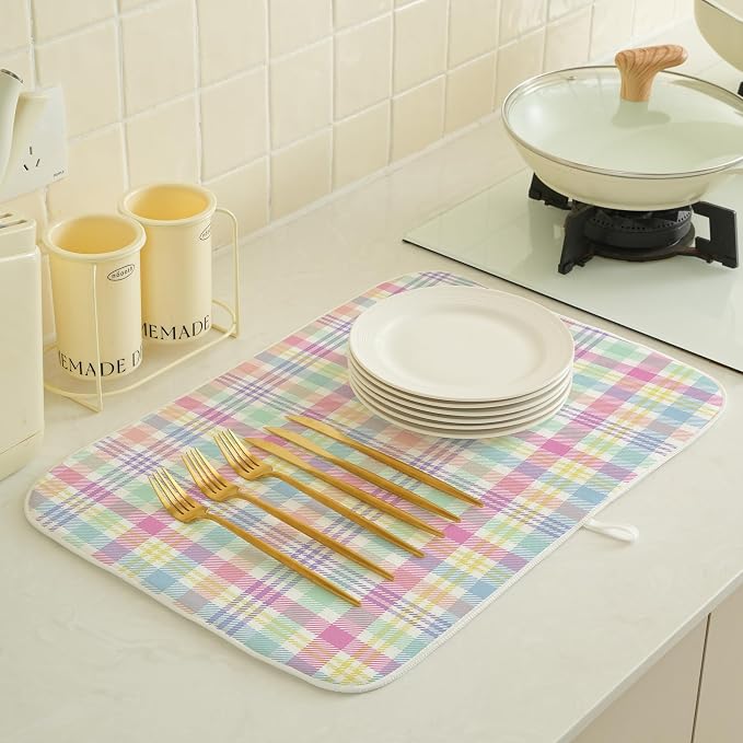 Spring Dish Drying Mat 18x24 Inches For Kitchen Counter Absorbent Easter Colorful Plaid Kitchen Decoration Pink Green Drying Mat Pad For Home Kitchen,Dining Room,Office Decor