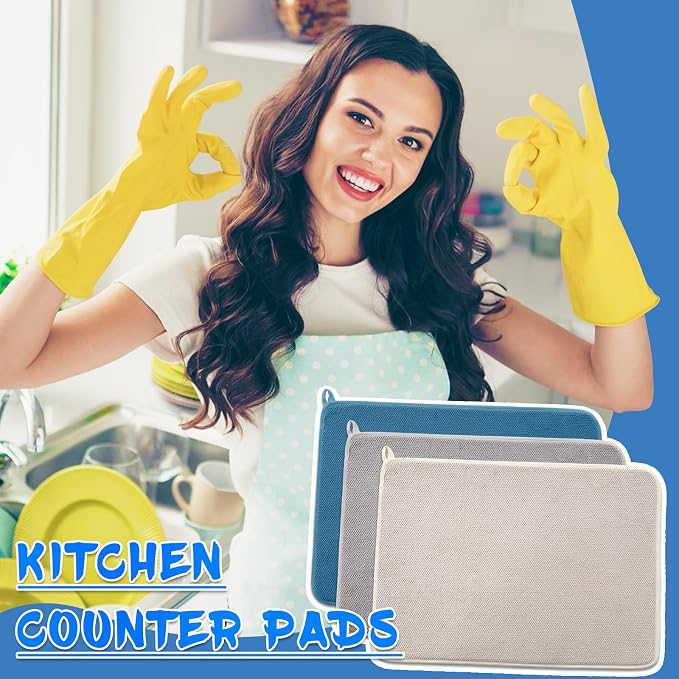 3 Pack XXL Dish Drying Mats,24×17" Absorbent Microfiber Dishes Drainer Mats,Large Size Pads for Kitchen Counter,Coffee,Rack,Under Sink(Beige,Blue,Gray)