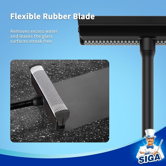 MR.SIGA Professional 2-in-1 Car Window Squeegee and Sponge Scrubber | Rubber blade squeegee with 16.4 inch/41.5 cm handle, sponge car squeegee for glass, windshield, shower