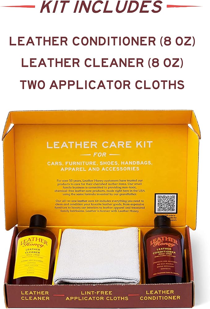 Leather Honey Complete Leather Care Kit – Non-Toxic, Made in USA | Trusted since 1968. Complete kit includes cleaner, conditioner and cloths. Clean & restore couches, car seats, jackets & bags