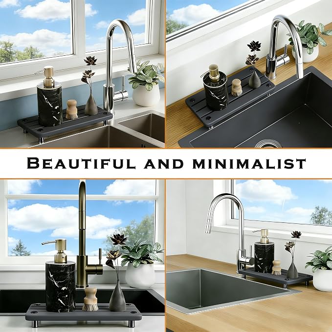 2PCS Instant Dry Sink Caddy for Bathroom Counter, Durable Kitchen Sink Organizer, Diatomite Stone Drying Tray, Upgrade Water Absorbing Stone Tray for Sink, Anti-Slip Stone Soap Tray -Dark Gray