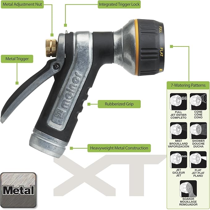 Melnor 65020-AMZ Metal Multi-Pattern Hose Nozzle with Rear Trigger Grip, 7 Spray Patterns, Heavy-Duty Metal Construction, Quick Connect Adapter, Black, Orange