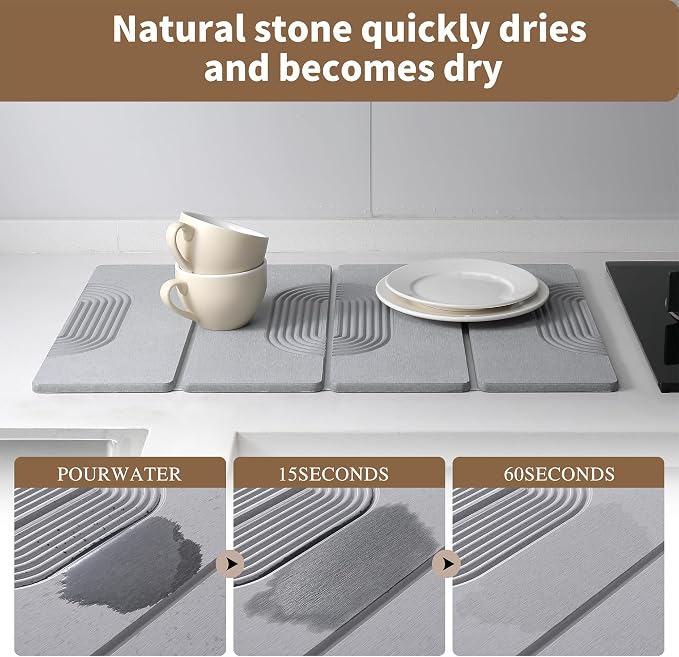 Foldable Stone Dish Drying Mat for Kitchen Counter, Diatomaceous Earth Drying Mat with Non-Slip Backing, Heat Resistant Multifunctional Mat for Kitchen & Bathroom, Instant water absorption-(24"×16")