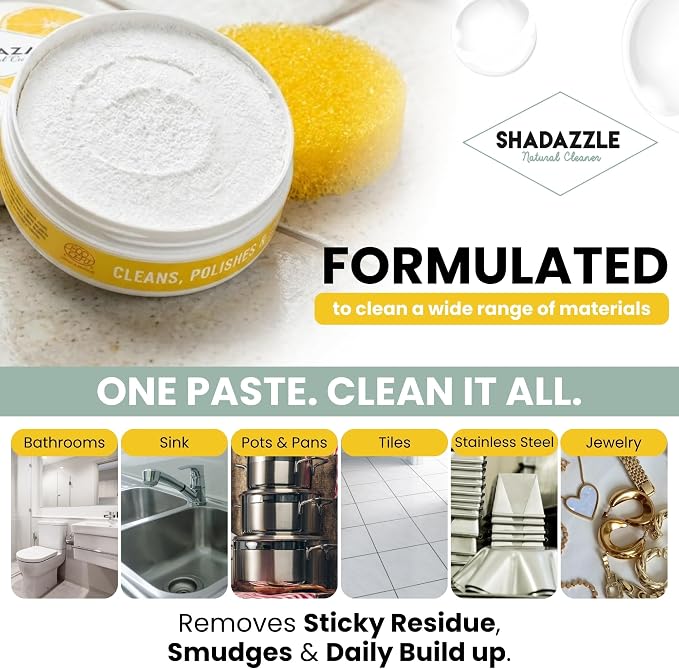 Shadazzle Natural All Purpose Cleaner and Polish, 1 Pack Lemon Scent | Clean & Polish Surfaces, 100% Natural Ingredients, Cleaning Paste, Easy to Rinse, Works on Metals, Ceramics, Marble and More