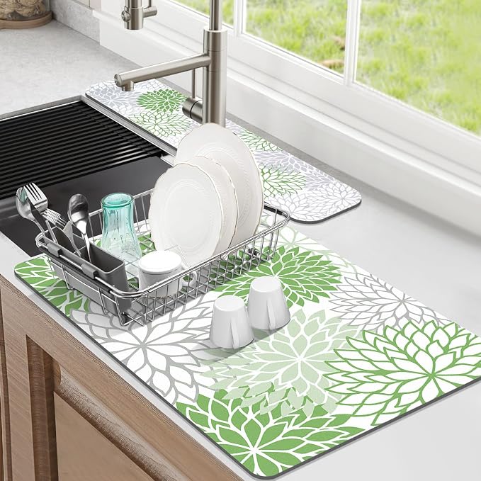Findosom 2PCS 12" x 20" Dish Drying Mat & 24" x 5.5" Sink Splash Guard, Super Absorbent & Cuttable Dish Mat Drying Kitchen Mat with Green Floral, Hide Stain Drying Mat for Kitchen Counter
