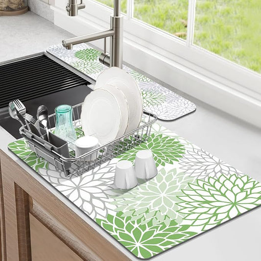 Findosom 2PCS 12" x 20" Dish Drying Mat & 24" x 5.5" Sink Splash Guard, Super Absorbent & Cuttable Dish Mat Drying Kitchen Mat with Green Floral, Hide Stain Drying Mat for Kitchen Counter