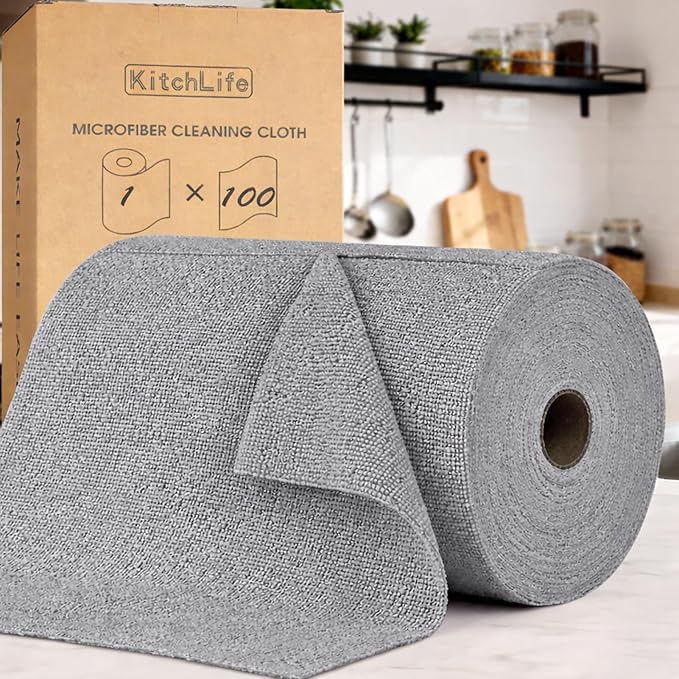 KitchLife Microfiber Cleaning Cloth Roll, 100 Pack - Tear-Away Microfiber Paper Towels, Lint-Free, Reusable, Washable for Kitchen, Car, Dishes, and Sensitive Surfaces (Dark Gray)