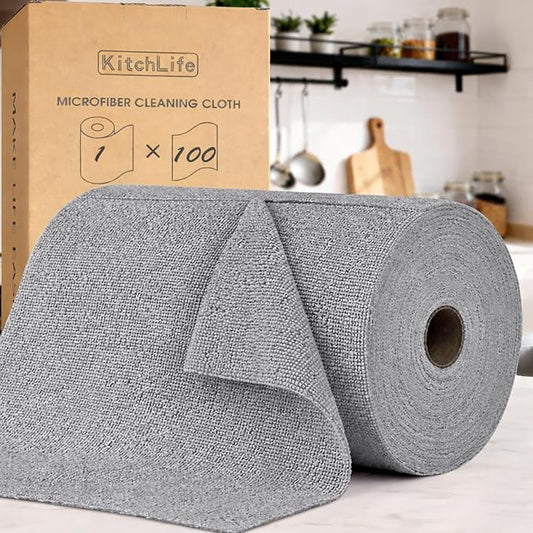 KitchLife Microfiber Cleaning Cloth Roll, 100 Pack - Tear-Away Microfiber Paper Towels, Lint-Free, Reusable, Washable for Kitchen, Car, Dishes, and Sensitive Surfaces (Dark Gray)