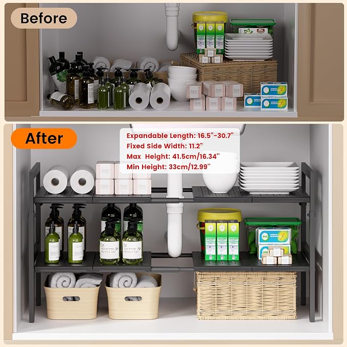 Under Sink Organizer and Storage 16.5"-30.7" Expandable Length, Adjustable Height Max 16.7" Under Sink Shelf 2 Tier with Removable ABS Panels Metal Frame for Bathroom Kitchen Pantry Cabitnet Pot Pan