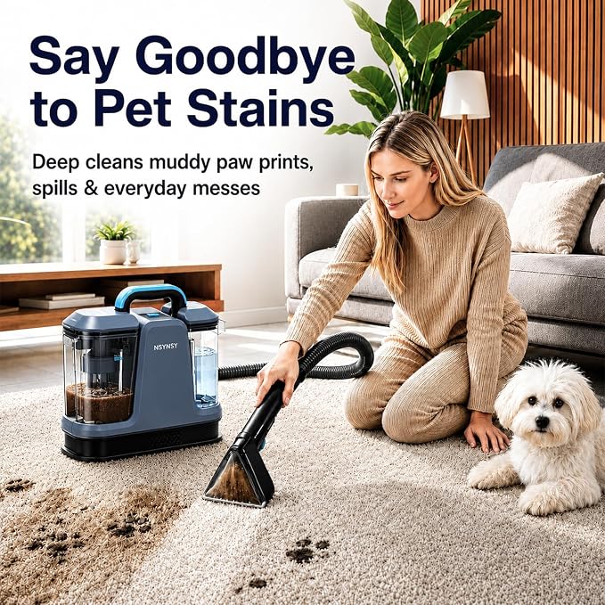 Portable Carpet Upholstery Cleaner for Furniture, Pet Stains, Car Interiors | Powerful Suction, Faster Drying, Deep Stain Removal, Lightweight Design, Large Dual Tanks, Long Hose & Cord, Home & Car Use