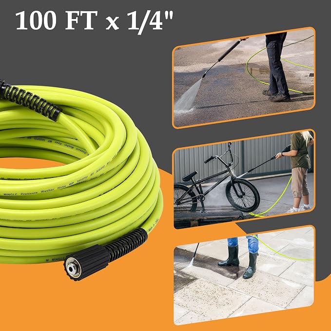 M MINGLE Pressure Washer Hose 100 FT x 1/4", M22 14mm Fittings, 3600 PSI | Replacement Power Wash Hose with 3/8" Quick Connect Kits, Kink Resistant, Ideal for Car, Driveway, Siding & Patio Cleaning