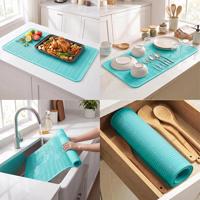 MicoYang Silicone Dish Drying Mat for Multiple Usage,Easy clean,Eco-friendly,Heat-resistant Silicone Mat for Kitchen Counter or Sink,Refrigerator or Drawer Liner Mint 5XL 36inches x 18inches