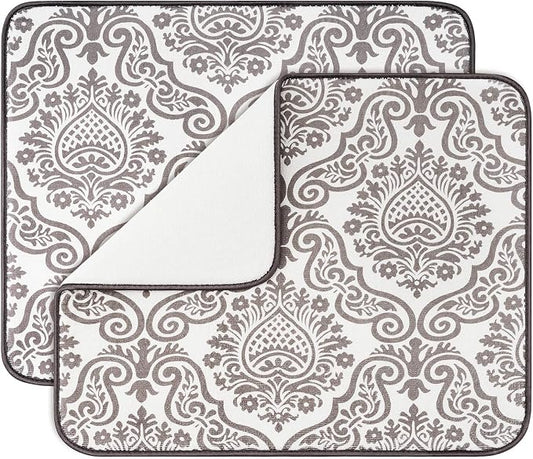 Subekyu Dish Drying Mats for Kitchen, Ultra Absorbent Microfiber Drying Mat, Dishes Drainer Pads 2 Pack, 19 by 15 Inch (Floral Vine)