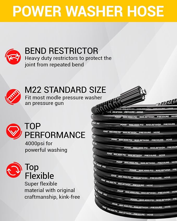 100ft Pressue Washer Hose 4000 PSI, High Power Washing Hose, Replacement Hose with M22 Extension Adapter and 4pcs M22 14mm to 3/8 Quick Connect | Kit M22 14mm to 3/8'' Quick Connect & M22 Extension Adapter, No Kink 1/4'' ID Powerful Cleaning Hose for C...