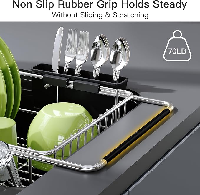 JASIWAY Dish Drying Rack in Sink, Expandable Stainless Steel Dish Drainers for Kitchen Counter, Dish Dryer Rack for Inside Sink, Over The Sink Dish Racks with Utensil Holder, Silver