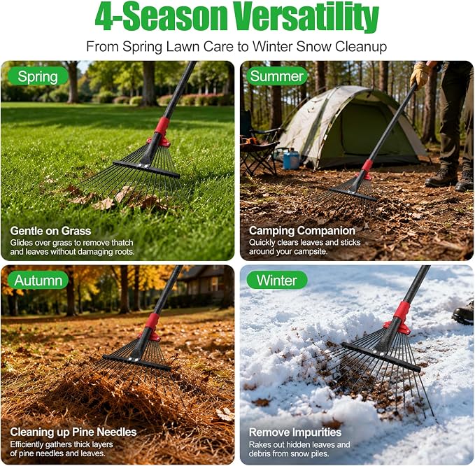91Inch Adjustable Metal Leaf Rake, 18 Metal Tines Heavy Duty Leaves Rake for Lawns with 8-18" Expandable Head Long Handle Garden Rakes for Women Kids Leaves Yard Gardening Grass Outdoor Camping Debris