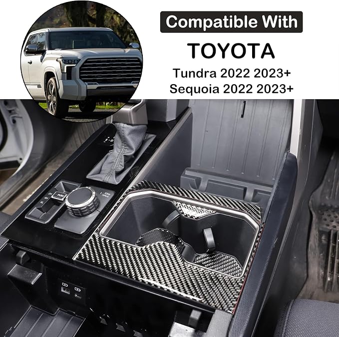 Car Front Seat Central Armrest Cup Holder Cup Panel Trim Sticker Compatible with Toyota Tundra/Sequoia 2022-2024 Real Carbon Fiber Center Console Cup Holder Decorative Frame Protect Cover Accessories