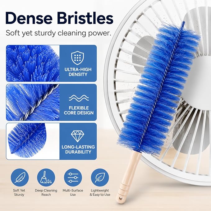 Fan Cleaning Brush, 2 Pack Bendable Microfiber Duster for Air Conditioner Vents, Car Vents & Blinds, Reusable Washable Dust Remover Tool, No-Disassembly Deep Clean (Blue + Gray)