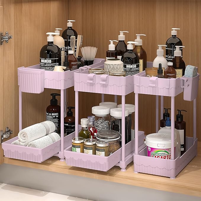 Sevenblue 3-Pack 2-Tier Under Sink Organizers with Sliding Drawers | Multi-use kitchen & bathroom storage, 12.8 inch pink cabinet organizer, space-saving sliding drawer design.