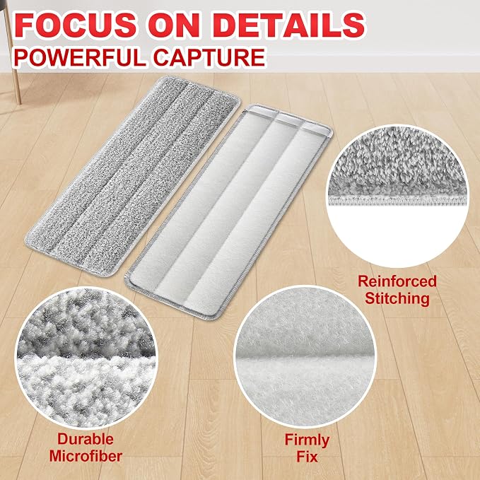 BOSHENG Flat Mop Pads, Reusable Mop Cleaning Refills, Microfiber Pads for BOSHENG Flat Mop or Mop Bucket System, Pack of 4 Washable 13-Inch Mop Heads - Grey