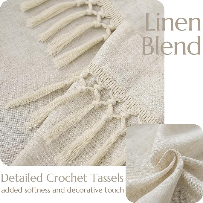 jinchan Tassel Linen Tier Curtain, Back Tab, 50x36, 1 Panel, Natural | Light filtering, rod pocket, cafe curtains, machine washable, small window treatment, boho style, kitchen, laundry room