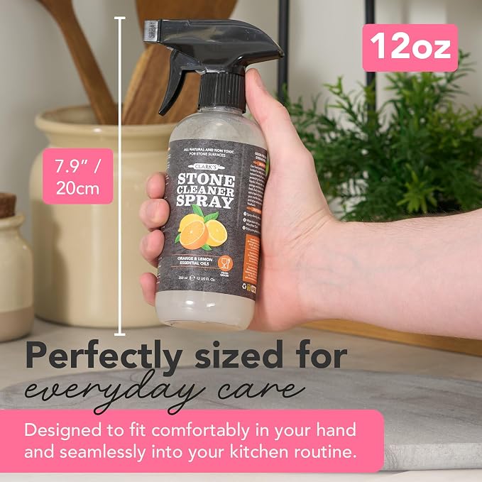 CLARK'S Stone & Quartz Cleaner Countertop with Microfiber Cloth, Citrus Scent - Granite Countertop Cleaner and Polish for Marble Cleaning - Clean and Shine Soapstone, Quartzite, Limestone - 12oz