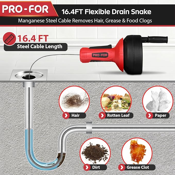 Drain Auger, 16.4FT Plumbing Snake Drain Clog Remover, Manual & Drill Powered Drain Snake for 0.75–2 Inch Pipes, Sink, Shower, Bathtub, Toilet, Kitchen Drain Cleaner Tool with Steel Cable