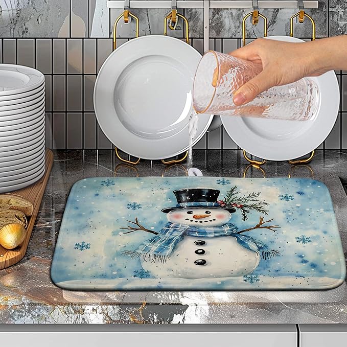 Blue Snowman Snowflake Christmas Dish Drying Rack - 16x18 Inch Absorbent Microfiber Mat for Home Coffee Bar
