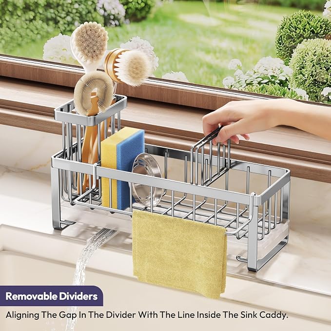 SWTYMIKI Sponge Holder for Kitchen Sink - Sink Caddy with Brush Holder Self-draining Sponge Caddy Organizer with Divider Stainless Steel Kitchen Accessories Storage for Countertop, Silver - Large