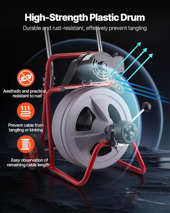 VEVOR Drain Cleaner Machine 75 FT x 1/2 Inch, Auto Feed Sewer Snake Drain Auger on Wheels, Portable Drain Cleaning Machine with 8 Cutters & Air-Activated Foot Switch for 2" to 6" Pipes