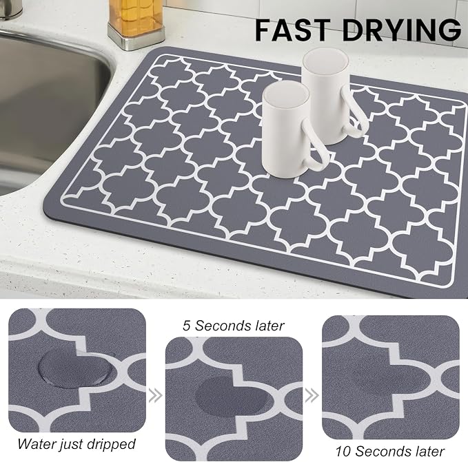WISELIFE Dish Drying Mat Super Absorbent Drying Mat Large Dish Drying Mats for Kitchen Counter Easy Clean Dish Mat Kitchen Drying Mat16"x 24" Stylish Grey