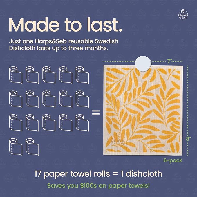 Harps&Seb Swedish Dishcloths for Kitchen Dishcloths - 6 Pack, Reusable Paper Towels with Clips, Super Absorbent Washable Non-Scratch Swedish Dish Towels, No Odor, Biodegradable