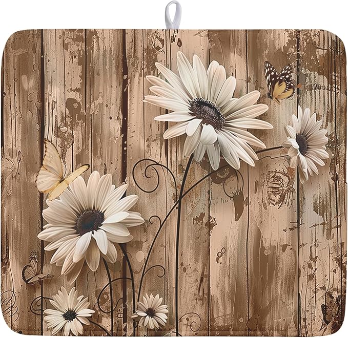 Summer Daisy Flowers Dish Drying Mat for Kitchen Counter 16x18in Rustic Wood Floral Kitchen Mat Daisy Microfiber Absorbent Dish Drainer Mat Fast Dry Kitchen Accessories Dishes Pad for Countertops