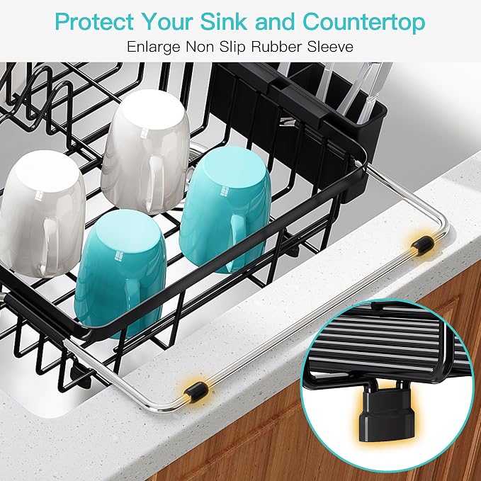JASIWAY Expandable Stainless Steel Black Over The Sink Dish Drying Rack for Small Kitchen Counter Space Saving, Compact Plate Drainer Strainer, Adjustable Hanging Metal Dish Dryer with Utensil Holder